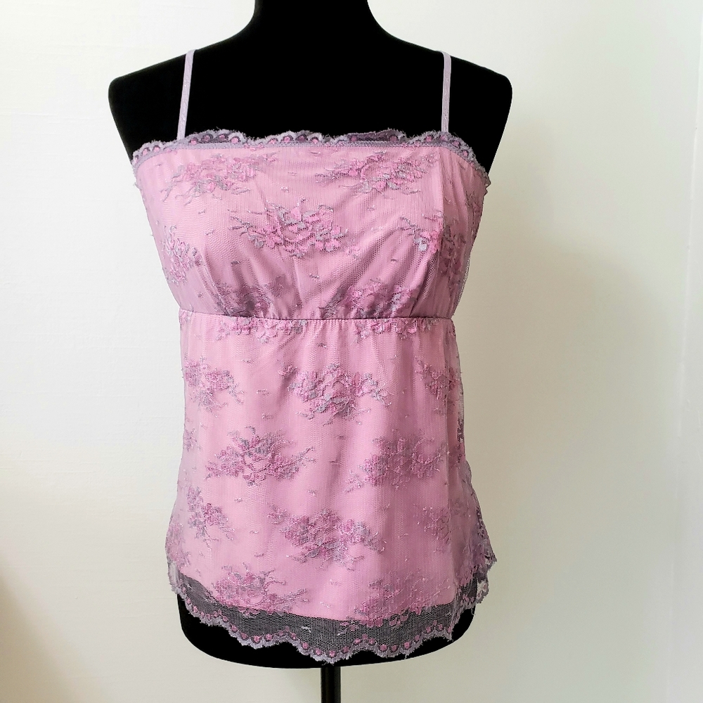 Vintage lavender floral lace tank camisole 90 Y2K